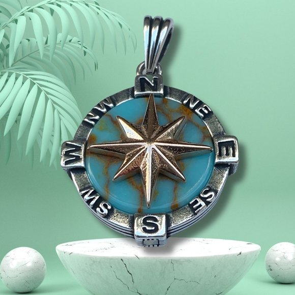 Stunning Gold Northstar Compass Pendant w/ Turquoise Accent - Unisex 925 Sterlin - Picture 3 of 8